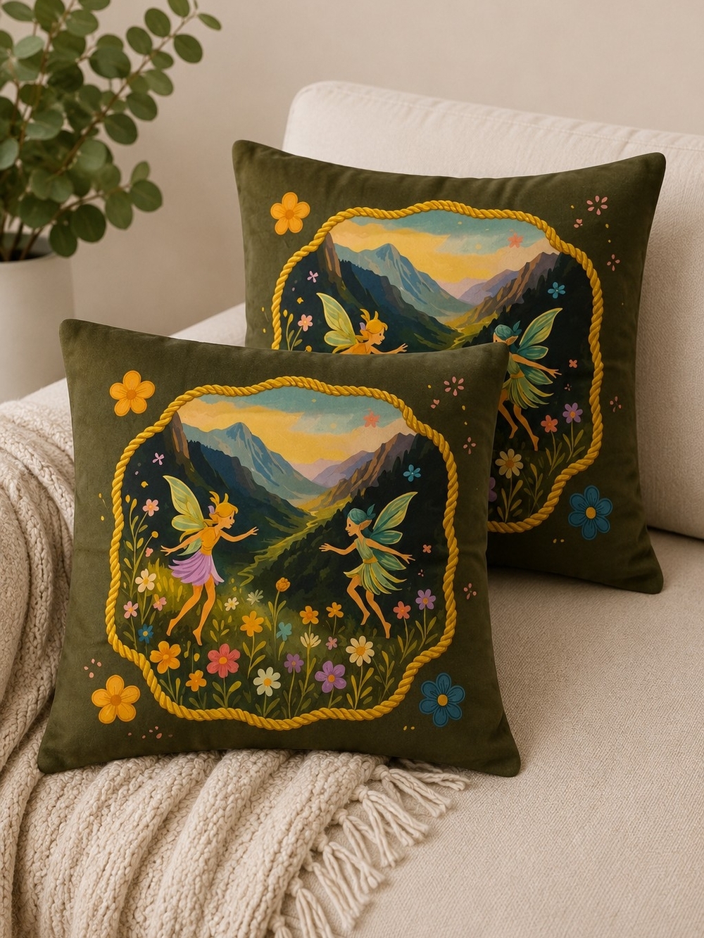 Olive Green Fairy Meadow Decorative Throw Pillow Covers - Set Of 2 - NIP